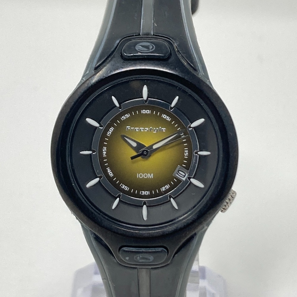 Freestyle Minx Women's Watch 30mm Black Yellow Dial Date 100M WR New Battery 9"